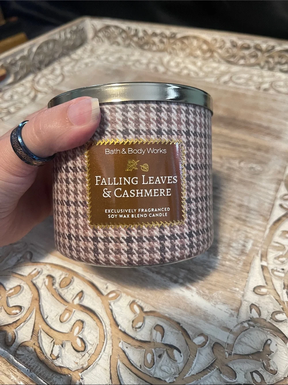 Bath & Body Works Falling Leaves & Cashmere Candle - Pink Houndstooth
